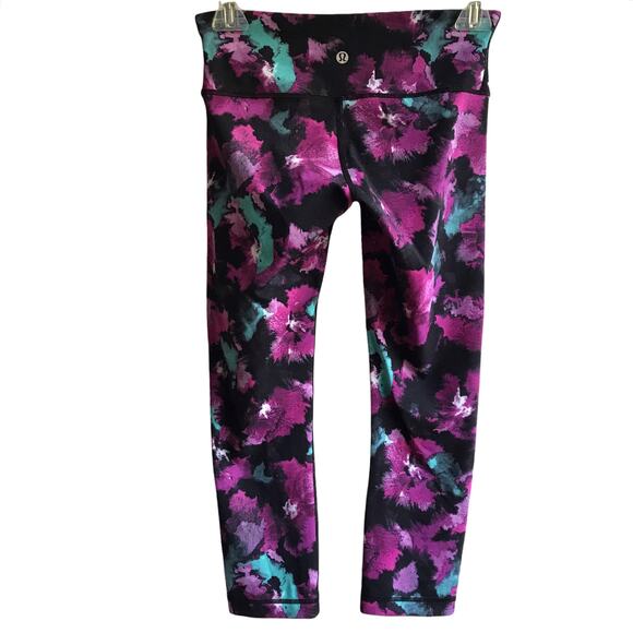 Lululemon Wunder Under Crops Midnight Bloom Leggings Size 4 Yoga Running Tights - Picture 7 of 13